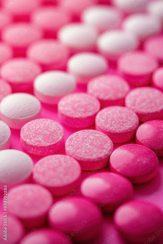 Pink and white pills on a pink surface, close up view. Vertical background. Pink and white pills on a pink surface, close up view. Vertical background.