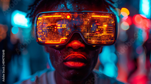 A young man wearing VR headset, playing with his goggles in a futuristic cyber world - Virtual reality, innovation and new technology abstract conceptс