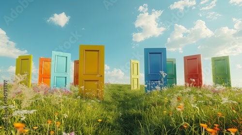 Multi colored abstract opening doors on grassy field on sunny summer day. (3d render)