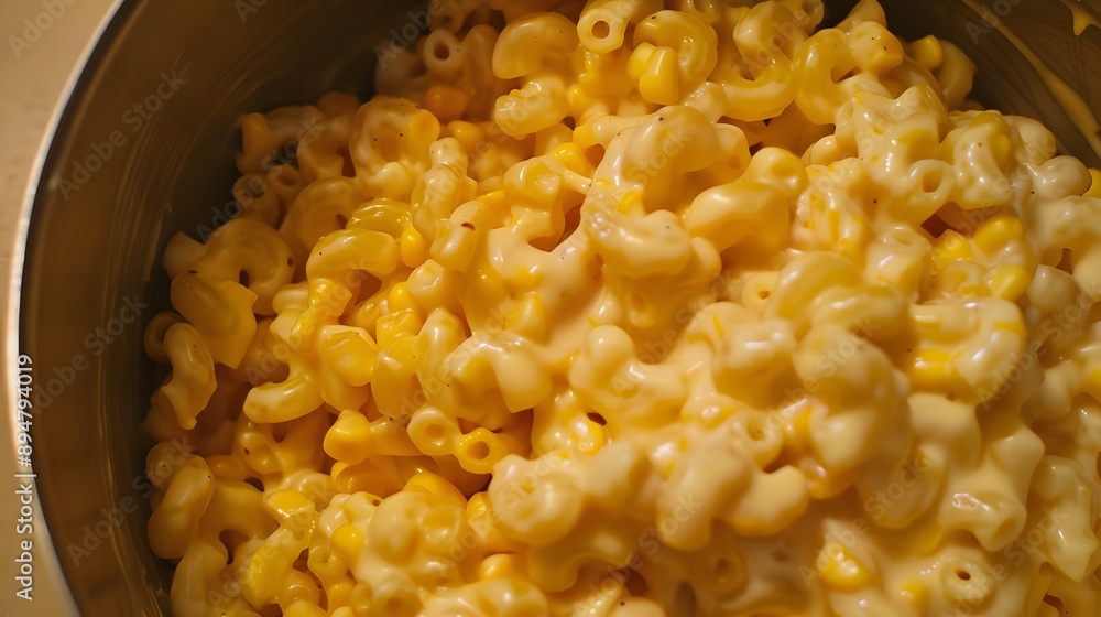 A close-up shot of macaroni and cheese with corn. A close-up shot of macaroni and cheese with corn.