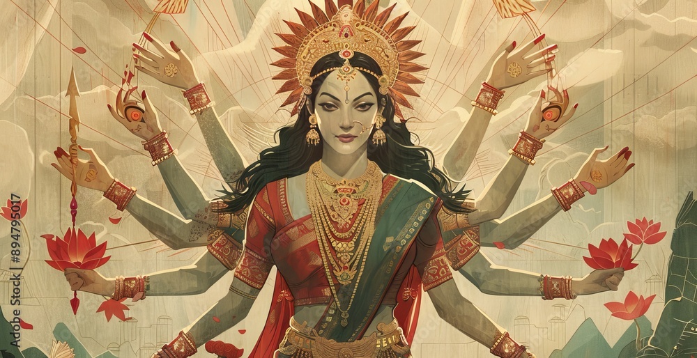Fototapeta premium illustration of Indian goddess durga with multiple hands artwork
