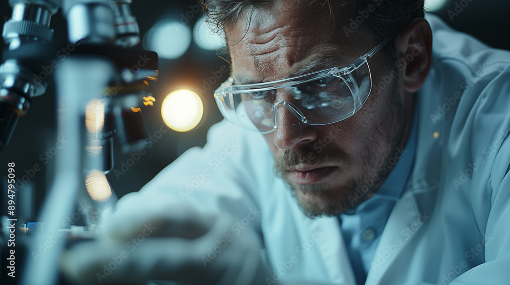 Male scientist wearing a sterile suit using a microscope for medical research or experiment. Male scientist wearing a sterile suit using a microscope for medical research or experiment.
