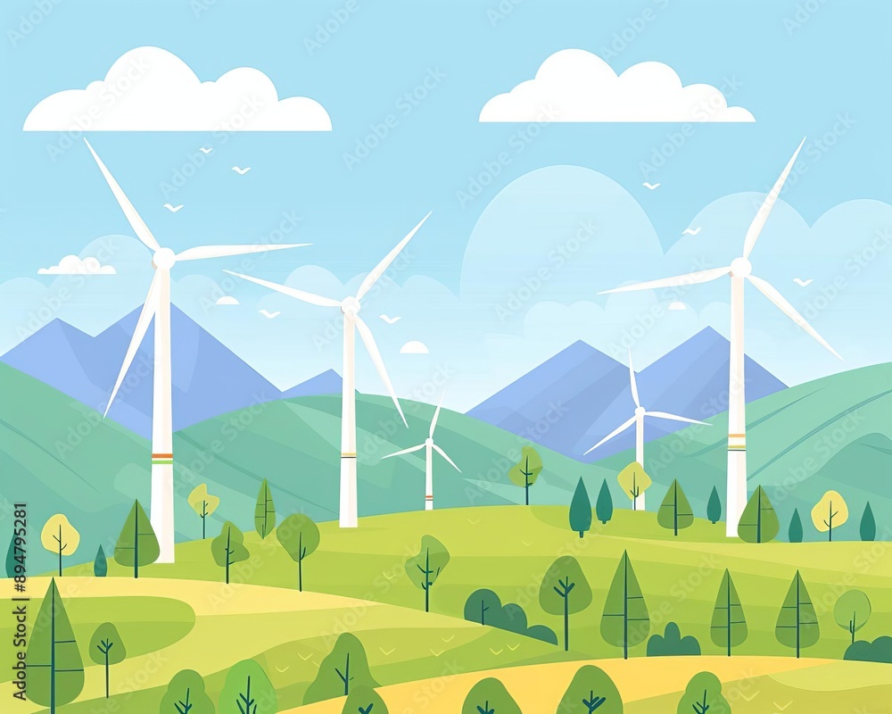 Fototapeta premium Wind power farm, conservation efforts and turbines, flat design illustration
