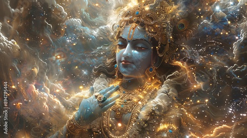 an artistic portrait of indian beautiful god krishna into the clouds showing vishvarupa of krishna