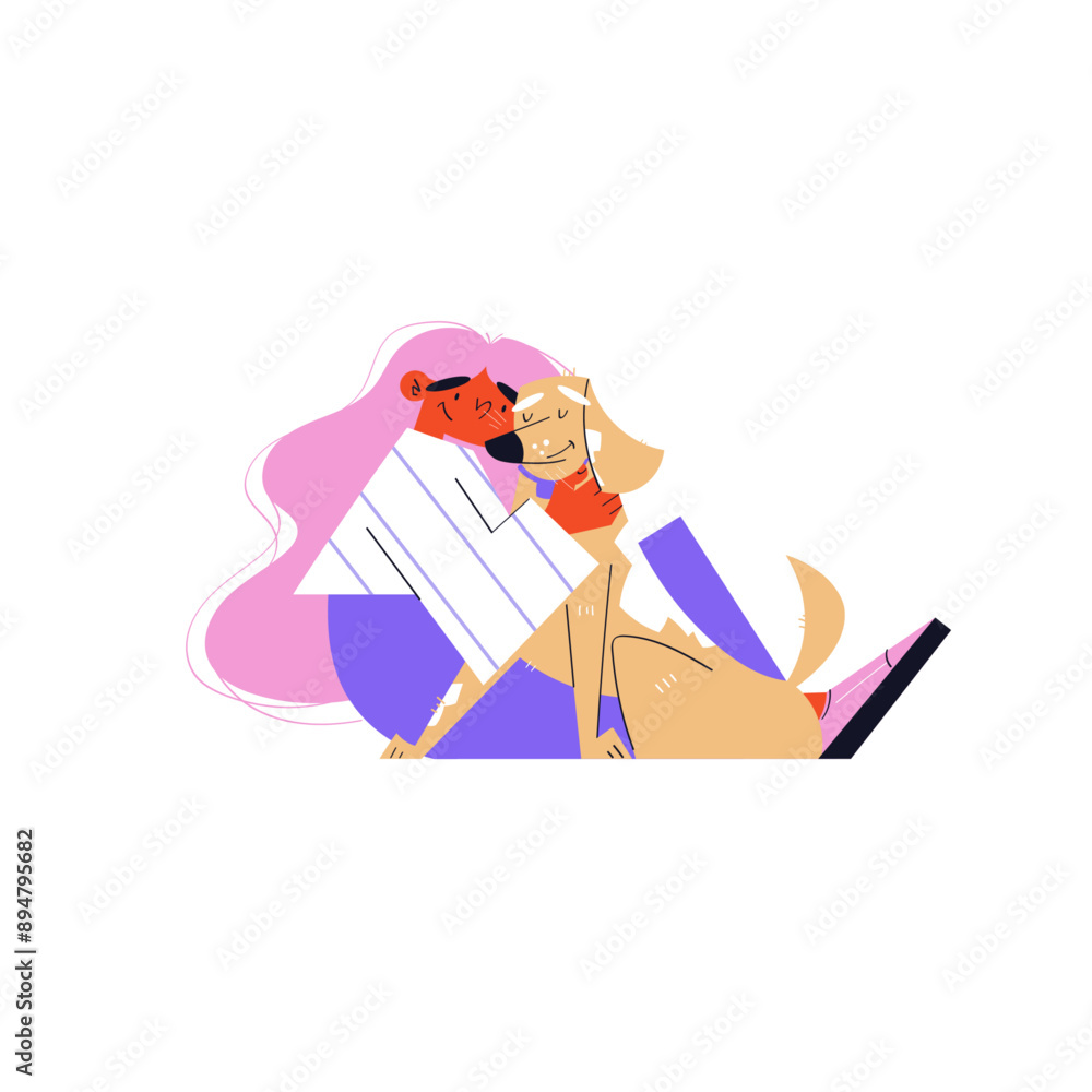 Obraz premium Illustration of a woman embracing her beloved dog, radiating warmth and companionship. A perfect representation of the deep bond between humans and pets