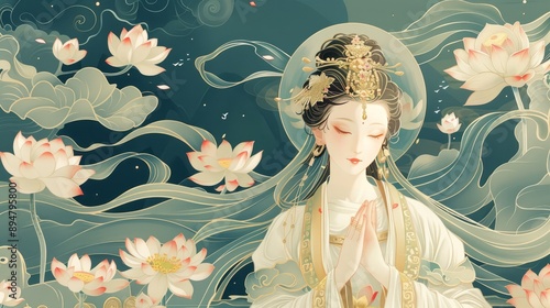 An illustration of Guanyin Buddhist goddess of mercy meditate