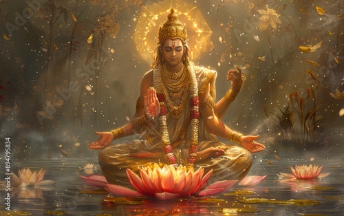 a vibrant image of indian god brahma on the pink lotus