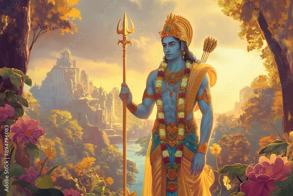 Fototapeta premium An Illustration of young god rama standing in the garden with trident