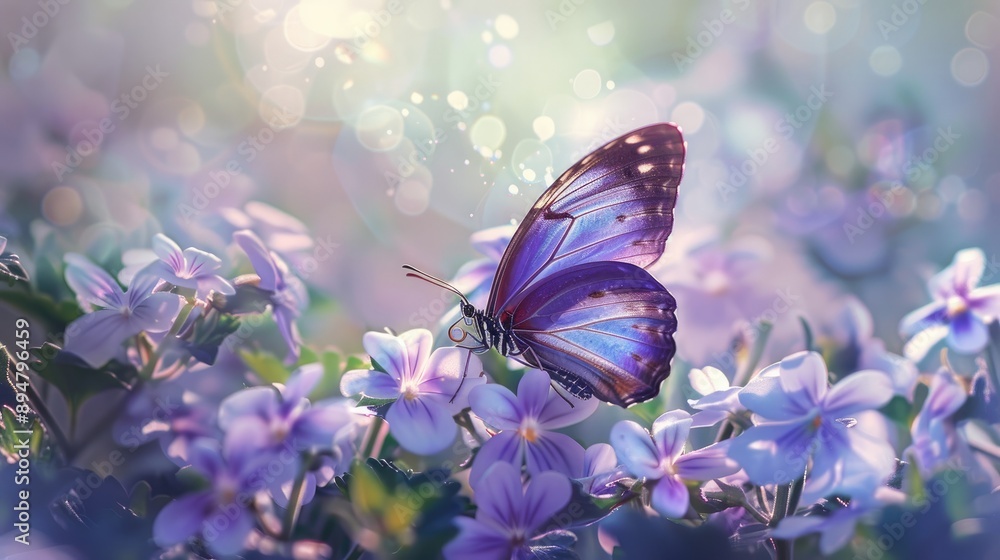 Artistic close-up of purple butterfly on white violet flowers in morning sunlight. Artistic close-up of purple butterfly on white violet flowers in morning sunlight.