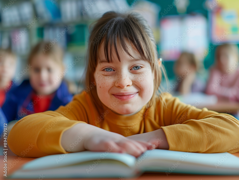 Portrait of a Child with Down Syndrome at School Portrait of a Child with Down Syndrome at School