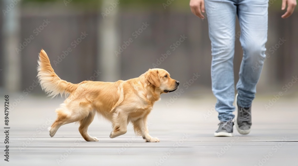 Golden Retriever Dog Performing Canine Freestyle Sport Around Handler s Legs Golden Retriever Dog Performing Canine Freestyle Sport Around Handler s Legs