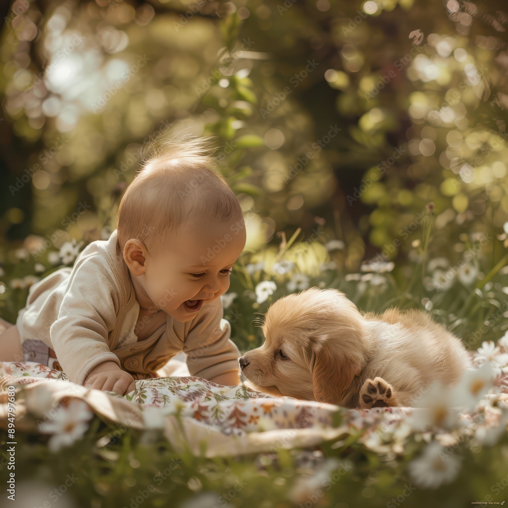 A photograph of a baby, playing with a dog, happy, close-up, 16:9 A photograph of a baby, playing with a dog, happy, close-up, 16:9