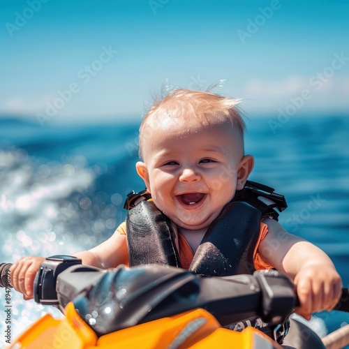 A photograph of a baby, riding a jet ski, sea, close-up, 16:9