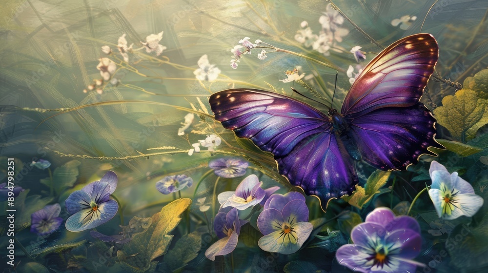 Artistic macro of purple butterfly on wild white violets, grass. Artistic macro of purple butterfly on wild white violets, grass.
