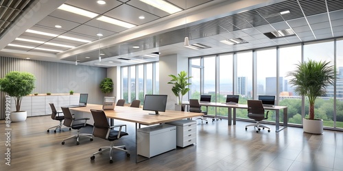 Sleek Modern Office Discreet Ceiling Cassette Air Conditioning Integration AI-Generated Content