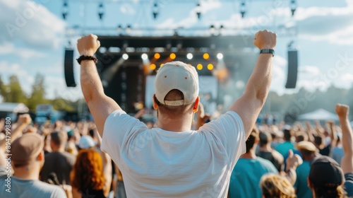 A dynamic depiction of an outdoor concert where the enthusiastic crowd cheers with raised hands, reveling in the live music performance under a clear and bright sky. photo