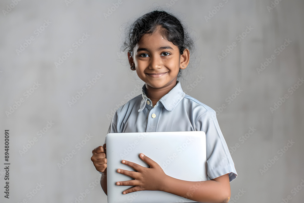 Young female Indian student smiling, in school uniform holding a laptop Young female Indian student smiling, in school uniform holding a laptop