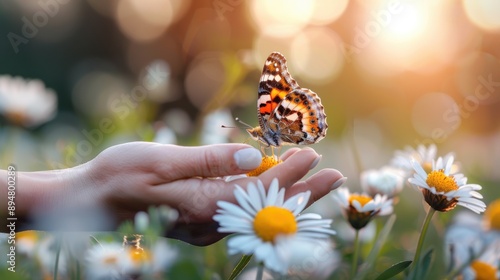 A butterfly delicately perches on a hand amidst a field of daisies, highlighted by the warm glow of the setting sun, symbolizing gentleness and connection with nature.