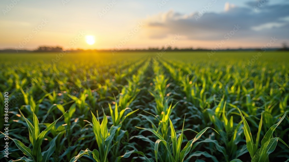 Fototapeta premium A vibrant green field with crops under a sunrise or sunset.