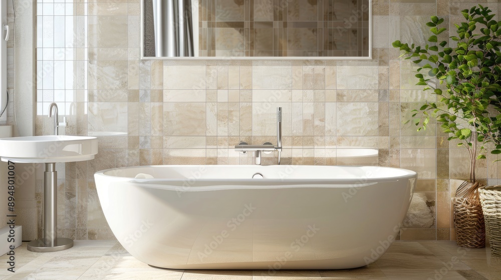 Modern bathroom interior: beige tiles, white bathtub, chrome faucet, reflected sink in mirror Modern bathroom interior: beige tiles, white bathtub, chrome faucet, reflected sink in mirror
