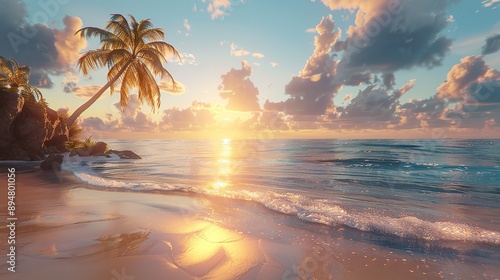 Capture the tranquility of a secluded beach with palm trees swaying gently in the ocean breeze photo