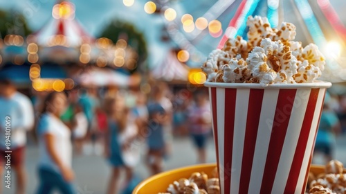 A container of popcorn stands out against the backdrop of a sunset carnival scene filled with rides, games, and vibrant lights, capturing an atmosphere of fun and excitement. photo