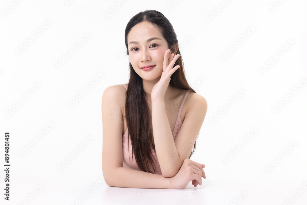 Close-up portrait of young Asian beautiful woman with K-beauty make up style and healthy and perfect skin isolated on white background for skincare commercial product advertising. Close-up portrait of young Asian beautiful woman with K-beauty make up style and healthy and perfect skin isolated on white background for skincare commercial product advertising.