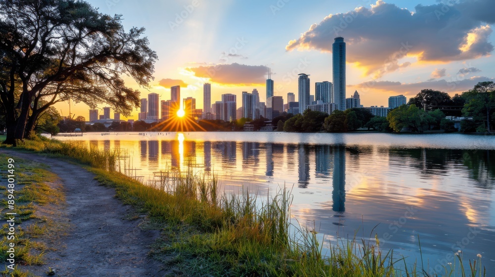A stunning sunrise illuminates the skyline from a lakeside park trail, with the bright sun casting vibrant colors on the water and city silhouette, creating a breathtaking urban scene. A stunning sunrise illuminates the skyline from a lakeside park trail, with the bright sun casting vibrant colors on the water and city silhouette, creating a breathtaking urban scene.
