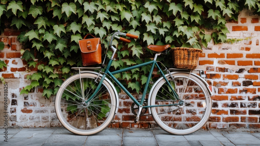 A charming bicycle adorned with a basket and bag stands against an ivy-covered brick wall, representing a blend of utility and aesthetic appeal in a picturesque urban scene. A charming bicycle adorned with a basket and bag stands against an ivy-covered brick wall, representing a blend of utility and aesthetic appeal in a picturesque urban scene.