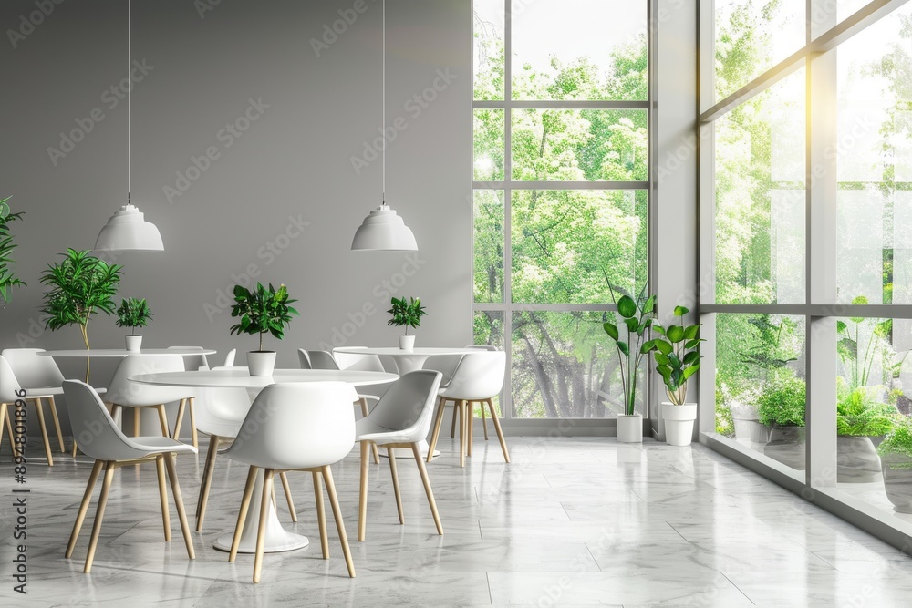 Fototapeta premium Modern cafe interior with white chairs and tables near large windows.
