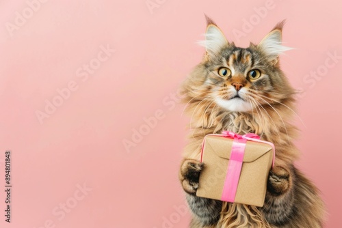 Fluffy brown cat holding a wrapped gift in front of a pink background, copy space