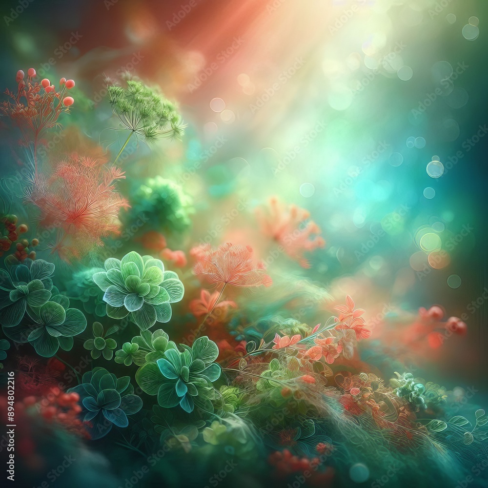Dreamy scene of green and coral flowers with bokeh effect Dreamy scene of green and coral flowers with bokeh effect