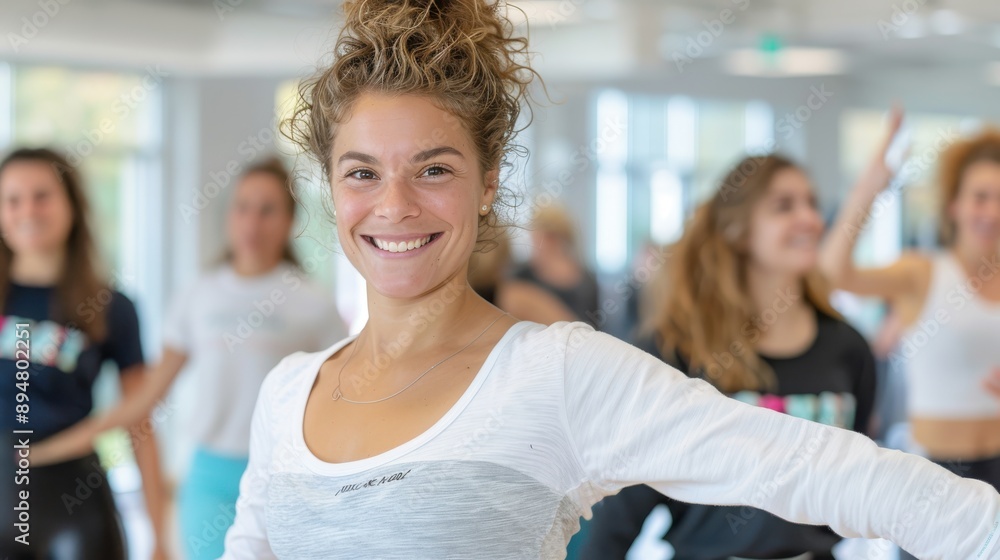 A woman with curly hair and a white top is enthusiastically dancing during a fitness class, surrounded by other participants in a brightly lit studio. A woman with curly hair and a white top is enthusiastically dancing during a fitness class, surrounded by other participants in a brightly lit studio.