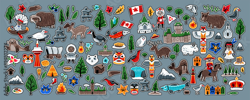 Set of stickers with landmark symbols of Canada. For printing, for souvenirs, graphics for posters. Collection of design elements in a hand-drawn style. Children's doodle illustration for concept art