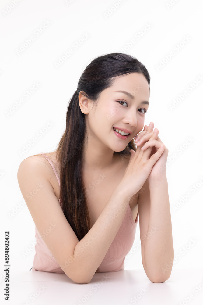 Close-up portrait of young Asian beautiful woman with K-beauty make up style and healthy and perfect skin isolated on white background for skincare commercial product advertising. Close-up portrait of young Asian beautiful woman with K-beauty make up style and healthy and perfect skin isolated on white background for skincare commercial product advertising.