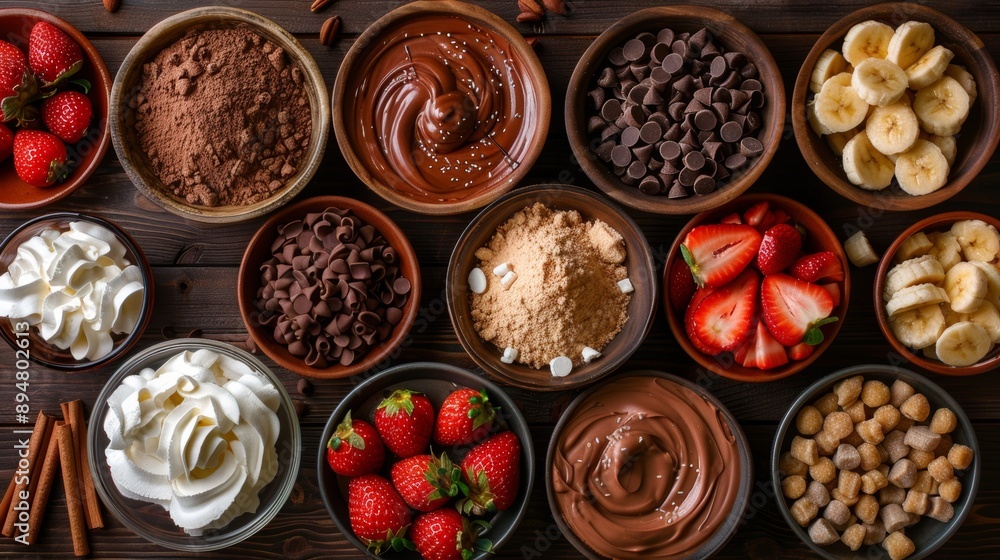 crepes toppings display, variety of crepe toppings like nutella, strawberries, whipped cream on a rustic wooden table, ideal for a crepe-themed event crepes toppings display, variety of crepe toppings like nutella, strawberries, whipped cream on a rustic wooden table, ideal for a crepe-themed event