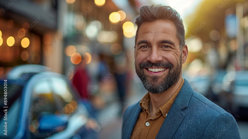 Obraz premium A man with a beard smiles brightly on a city street with bokeh lights in the background.