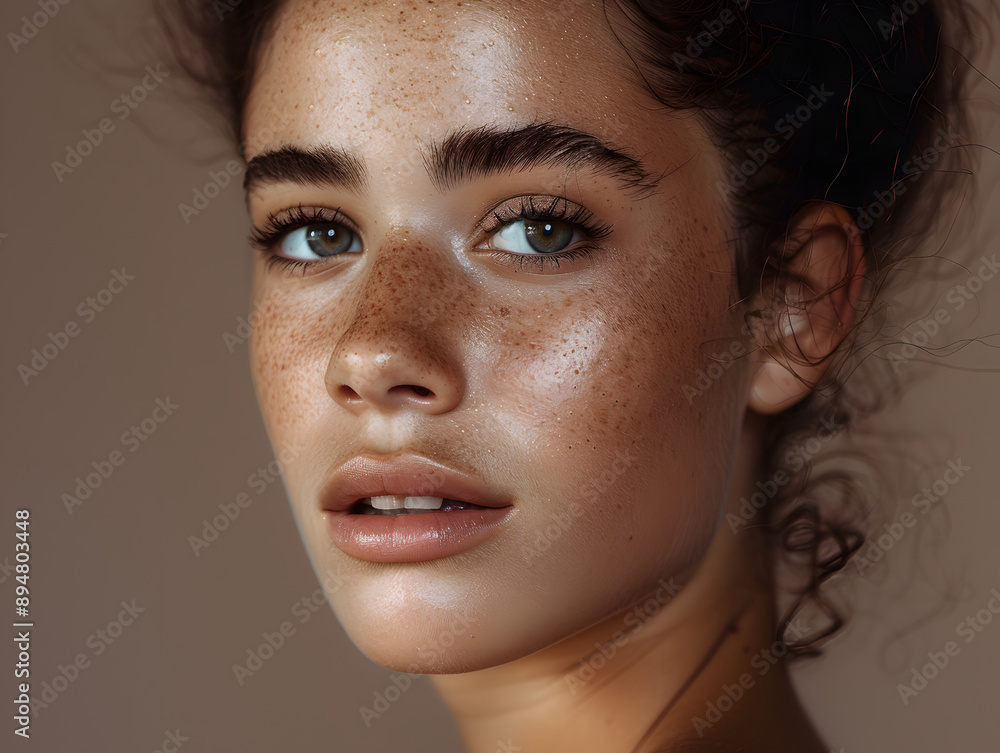 A close- up shot of a woman with serious face and freckles, curly hair A close- up shot of a woman with serious face and freckles, curly hair