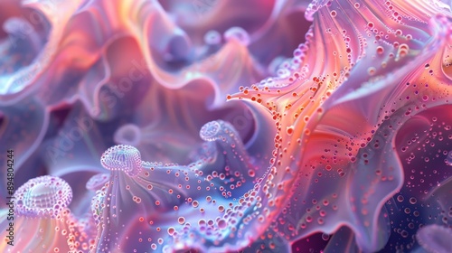 Iridescent Coral Patterns, Patterns inspired by iridescent coral, rendered in 3D with shifting colors and intricate details that capture light in surprising ways.