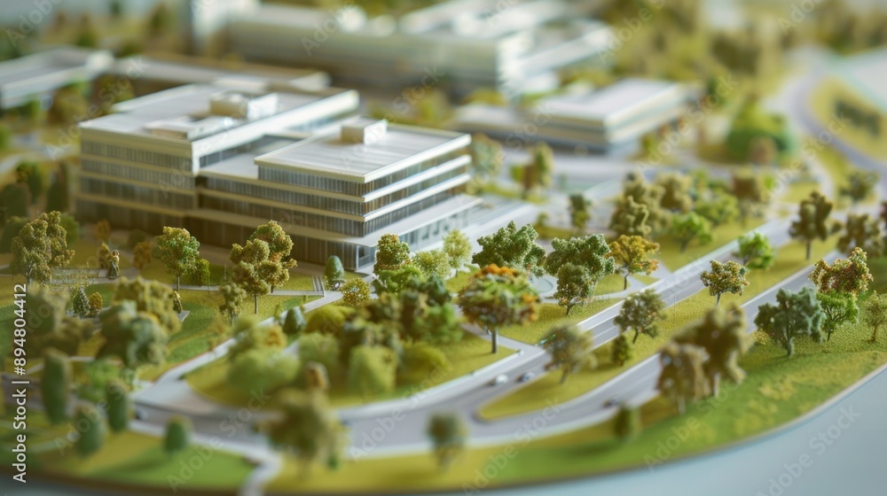 Generate a photo realistic image of a maquette depicting a corporate campus with office buildings, conference centers, and landscaped grounds; ensure the image is of high resolution Generate a photo realistic image of a maquette depicting a corporate campus with office buildings, conference centers, and landscaped grounds; ensure the image is of high resolution