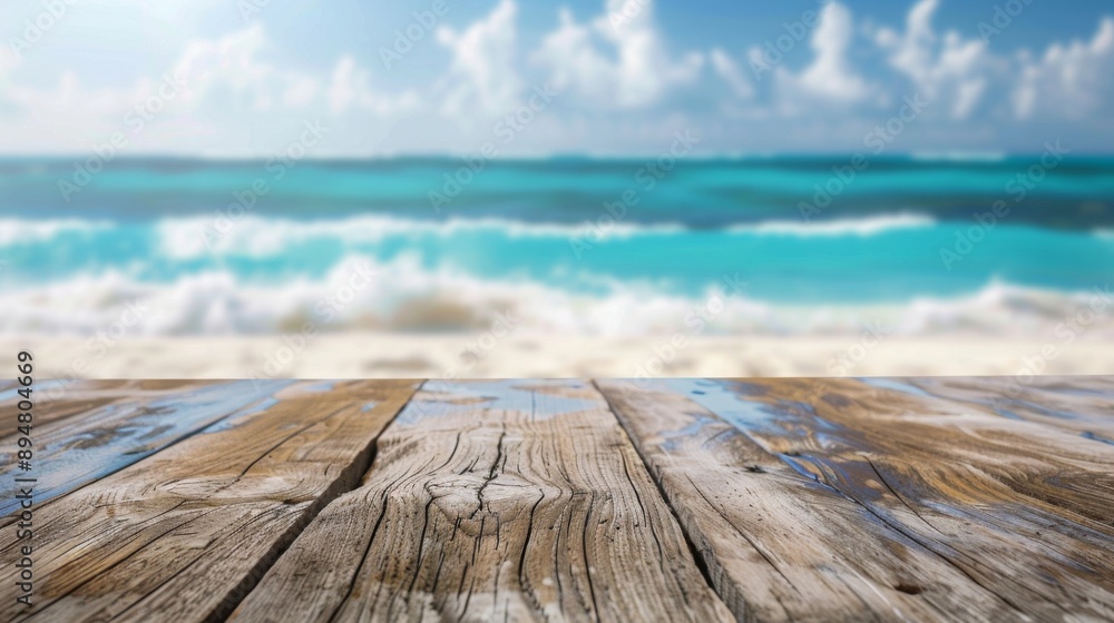 A close-up of weathered wooden planks with a blurry background of a sunny beach with turquoise water and white clouds. A close-up of weathered wooden planks with a blurry background of a sunny beach with turquoise water and white clouds.