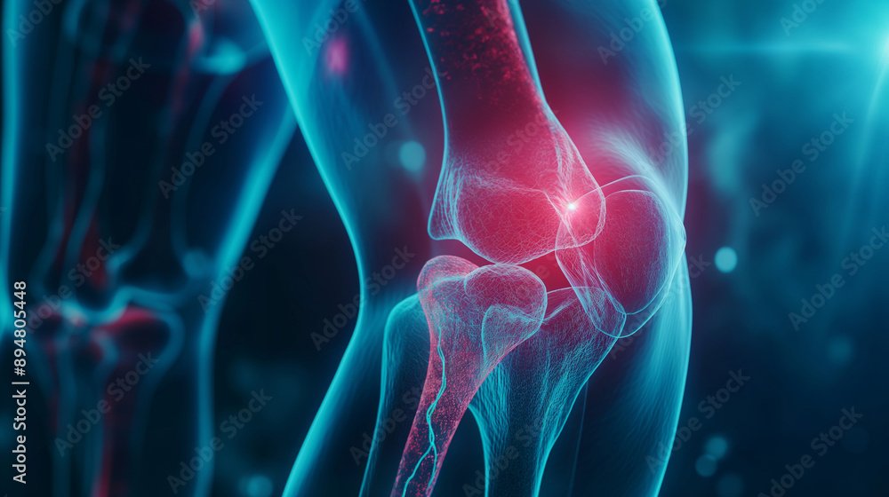 Blue 3D medical x-ray anatomy of the knee pain, showcasing leg joint and bone injury. Arthritis patient inflammation, sport athlete broken tendon, red area, copy space Blue 3D medical x-ray anatomy of the knee pain, showcasing leg joint and bone injury. Arthritis patient inflammation, sport athlete broken tendon, red area, copy space