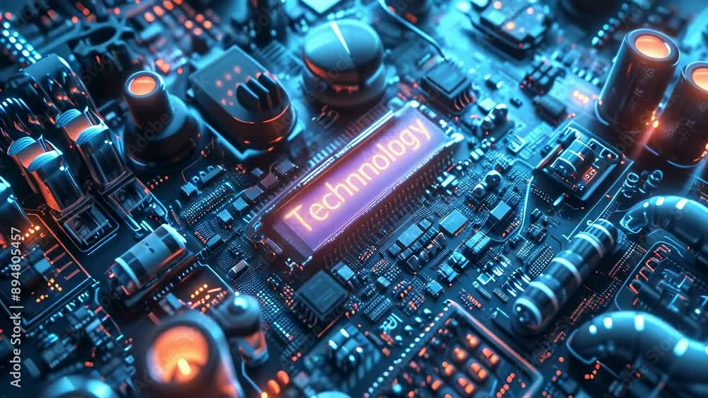 A futuristic circuit board illuminated with blue and orange lights, highlighting a central chip labeled A futuristic circuit board illuminated with blue and orange lights, highlighting a central chip labeled
