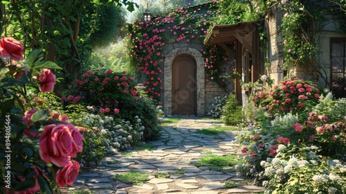 Fototapeta Naklejka Na Ścianę i Meble -  Cottage with English Garden: Create a prompt for a photo realistic image of a cottage with an English garden, climbing roses, and a stone pathway