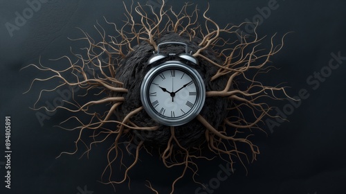 Abstract clock with roots and branches, discipline, deeprooted habits and growth photo