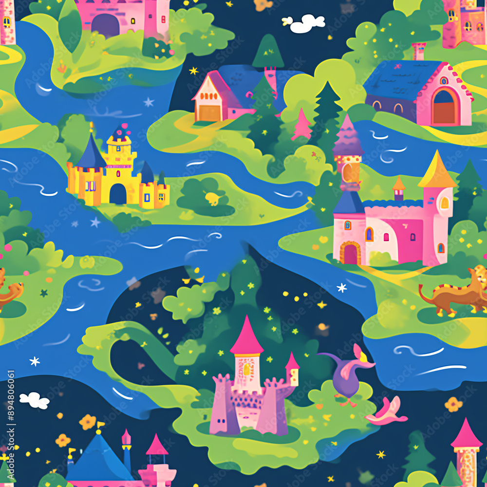 Cartoon pattern of a fantasy world, with castles, dragons and magical creatures, in a cartoon style, with bright and vivid colors (tile) Cartoon pattern of a fantasy world, with castles, dragons and magical creatures, in a cartoon style, with bright and vivid colors (tile)