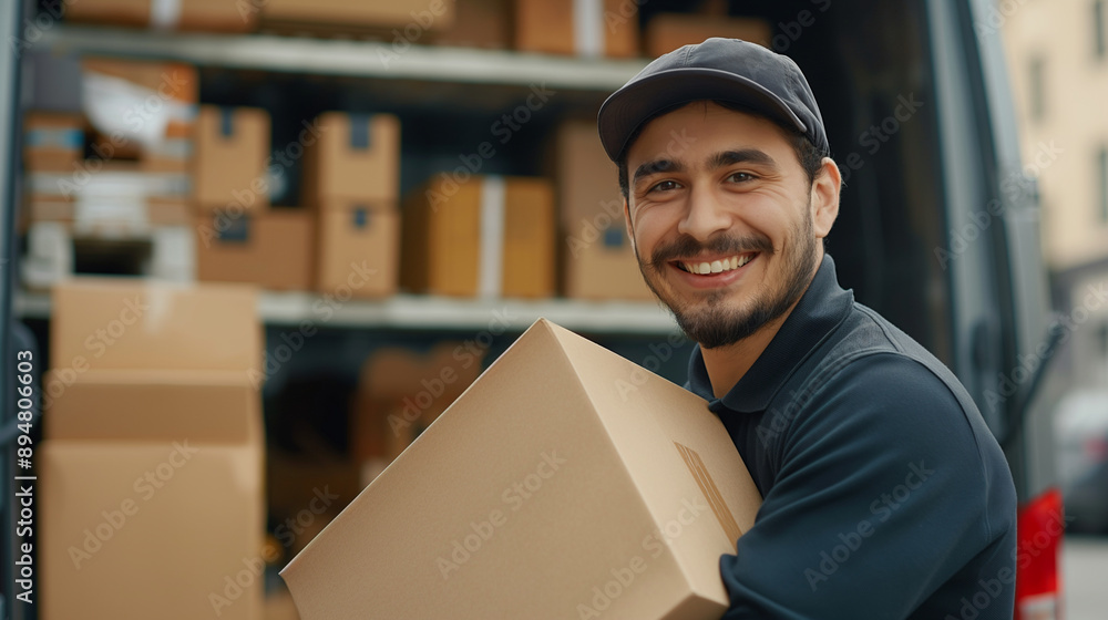 Smiling young courier in cap and uniform, carrying a box, van full of packages in the background, showcasing professional delivery service, happy and responsible male employee Smiling young courier in cap and uniform, carrying a box, van full of packages in the background, showcasing professional delivery service, happy and responsible male employee