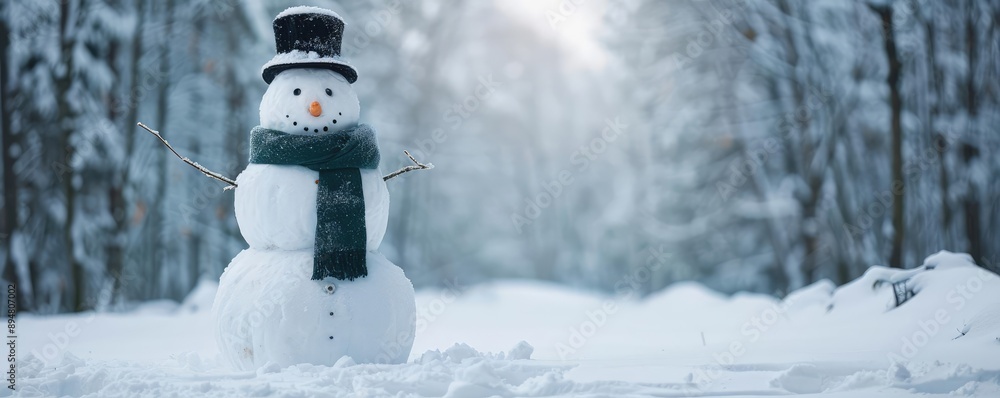 Obraz premium Overcast sky casting a soft light on a snowman in a dense winter forest, Snowman, Winter Forest, Overcast atmosphere