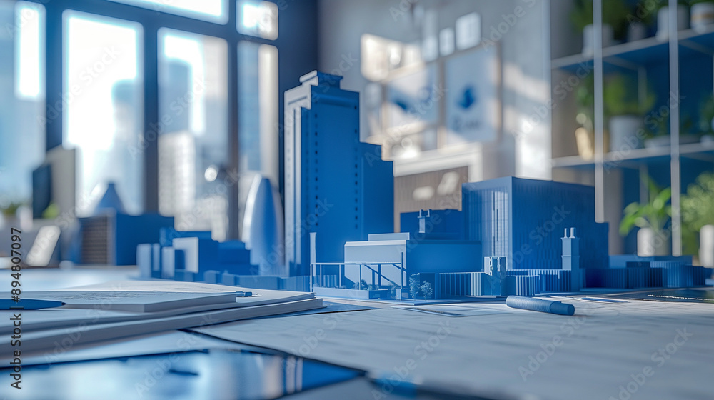 Office table in a real estate agency featuring futuristic blue 3D city house models, showcasing architecture and residential property design, apartment housing concept Office table in a real estate agency featuring futuristic blue 3D city house models, showcasing architecture and residential property design, apartment housing concept