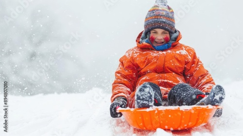 Sledder racing down a snowy hill with frostbite and snowstorm conditions, Snowstorm, Frostbite, Sledding excitement photo